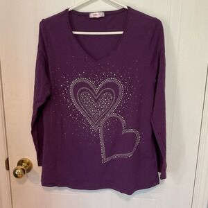 Grenier Long Sleeve Top Womens Large Purple Excellent Rhinestone Heart V-Neck